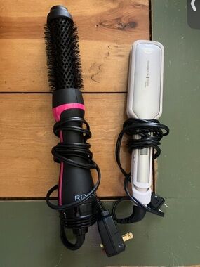 Revlon Black and Pink Hot Air Round Brush with Silver Flat Iron